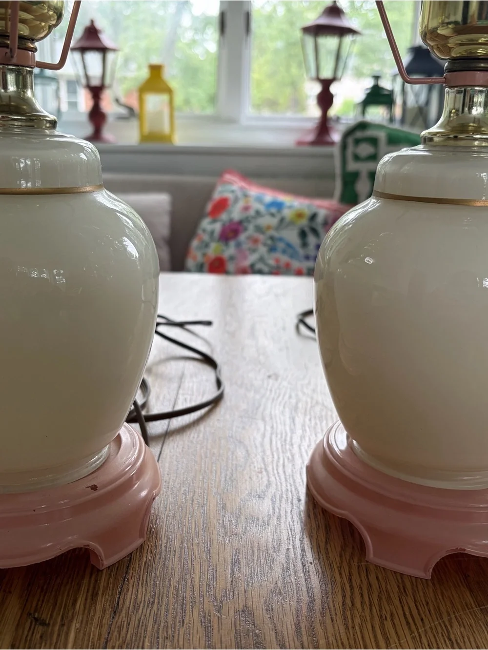Source Unknown Pink and Cream Floral Glass Lantern Lamps, Pair
